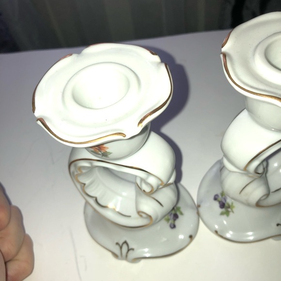 Ornate White and Orange Candlestick Holders - Floral Accents by Weimar Germany - Picture 2 of 7